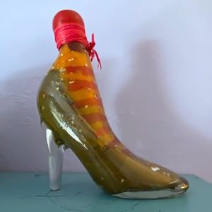 Vintage Clear Glass Stiletto High Heel Bottle 9.5" Filled Decanter Garlic Leaves